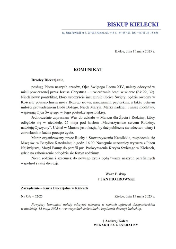 Komunikat Biskupa Kieleckiego - inauguracja pontyfikatu i Marsz dla Życia i Rodziny conv 1