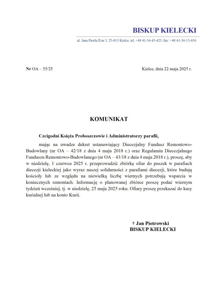 Komunikat Biskupa Kieleckiego - zbiórka na Diecezjalny Fundusz Remontowo-Budowlany conv 1