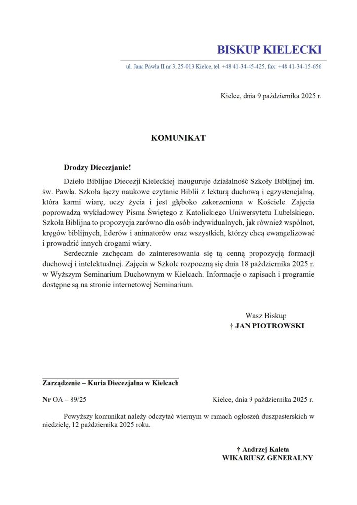 Komunikat Biskupa Kieleckiego - Inauguracja Szkoły Biblijnej im. św. Pawła conv 1