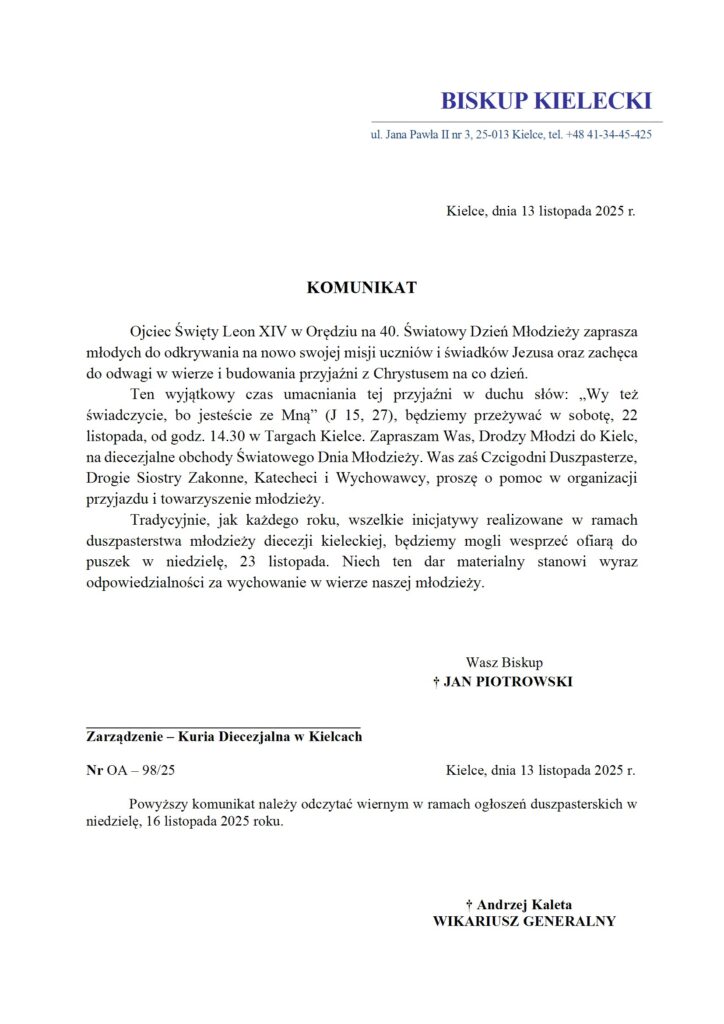 Komunikat Biskupa Kieleckiego - 40 zbiórka conv 1