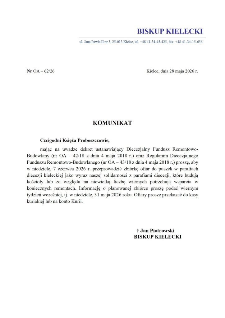 2026 Komunikat Biskupa Kieleckiego - zbiórka na Diecezjalny Fundusz Remontowo-Budowlany conv 1